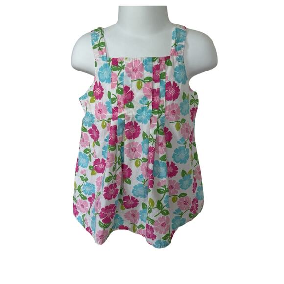 Girls 4 Gymboree Bright Spring Pink Blue Flower Floral Pleated Swing Top - Picture 2 of 4